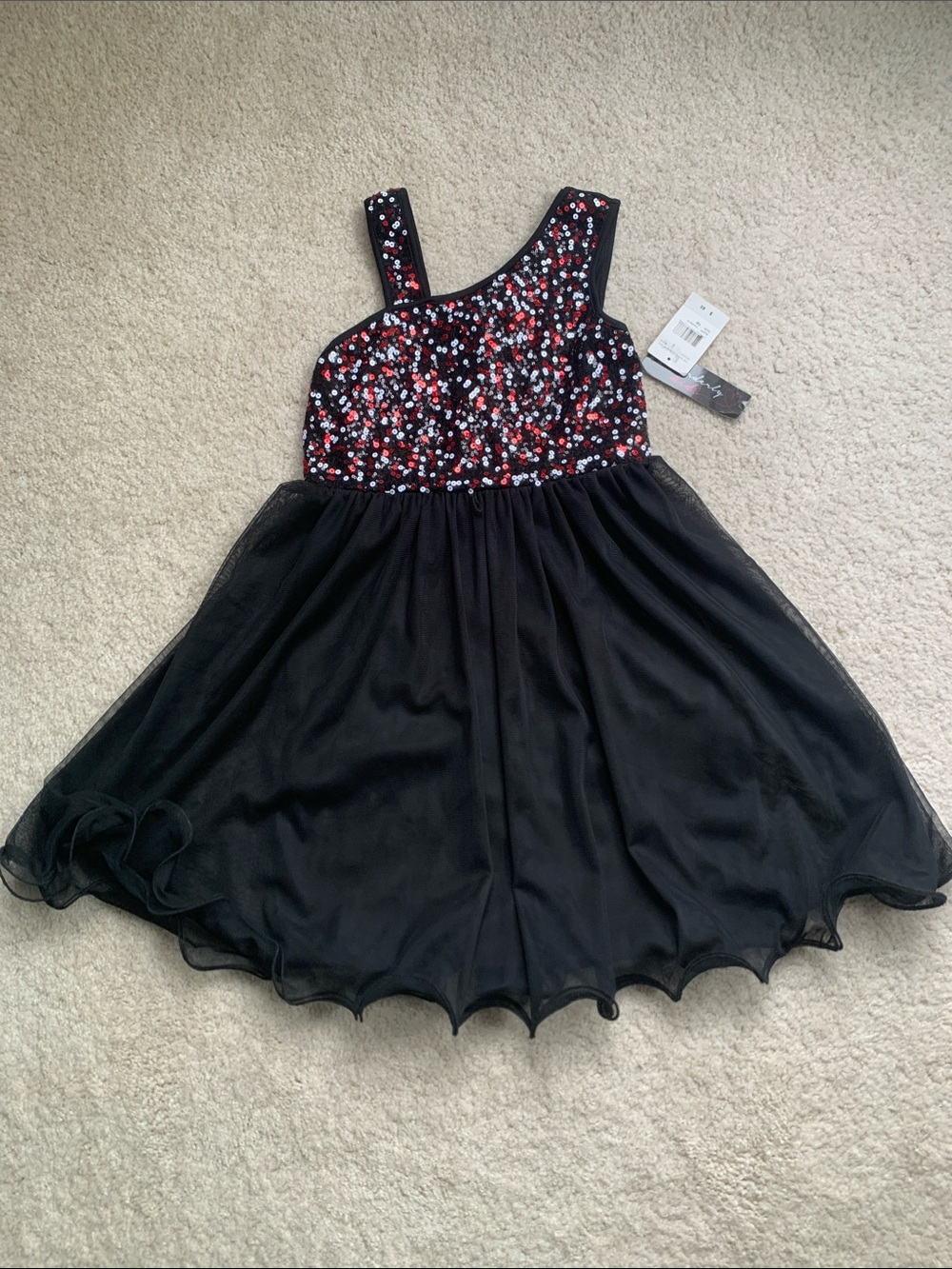 One-Shoulder Black Sequin Dress with Red & Silver Accents